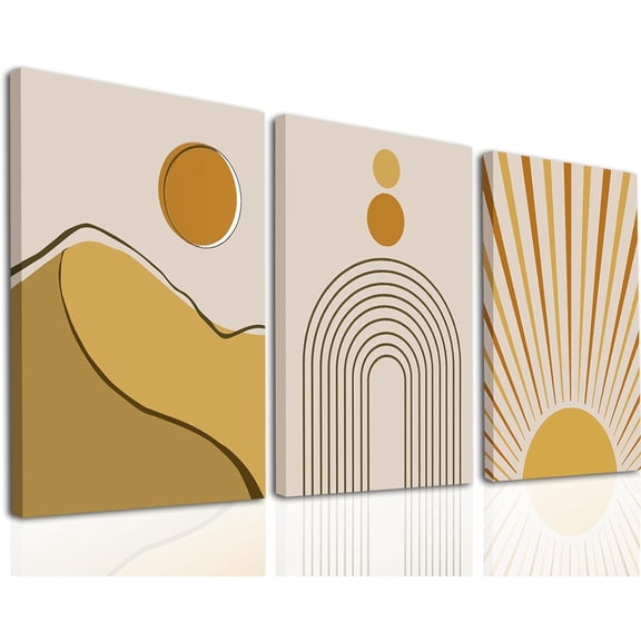 Yellow Boho Decor Boho Wall Art Set of 3, Lines, Mountains, Sun Minimalist Boho Wall Decor Yellow Wall Decor Framed Art Wall Decor for Living Room, Bedroom, Bathroom, Office - (12x16inch)
