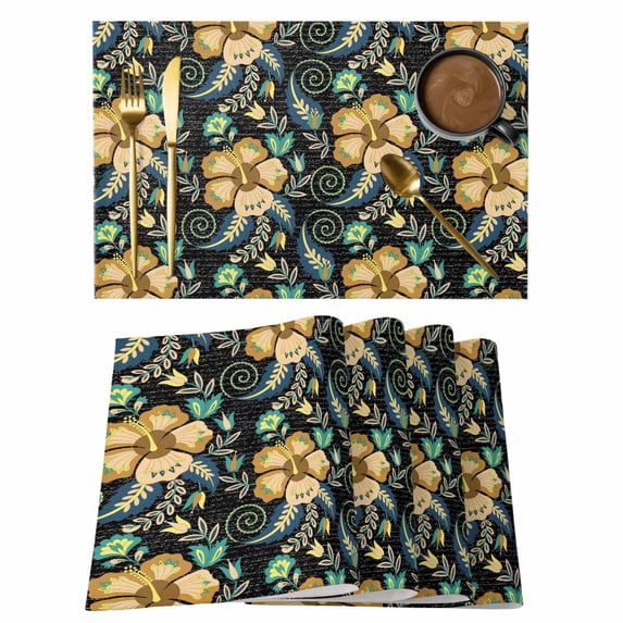 Yellow Boho Floral Placemats Set of 6, Vintage Southwestern Ethnic Tribe Botanical Placemats for Dining Table, Place Mats for Kitchen Tabletop, Waterproof Wipeable Dining Table Mats Set