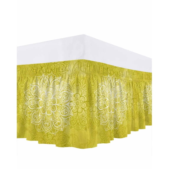 Yellow Boho Flowers Bed Skirt King Size 18 Inch Drop, Vintage Abstract Watercolor Yellow Bohemia Floral Adjustable Elastic Dust Ruffles Bedskirt for King Bed Wrap Around Pleated Mattress Frame Cover