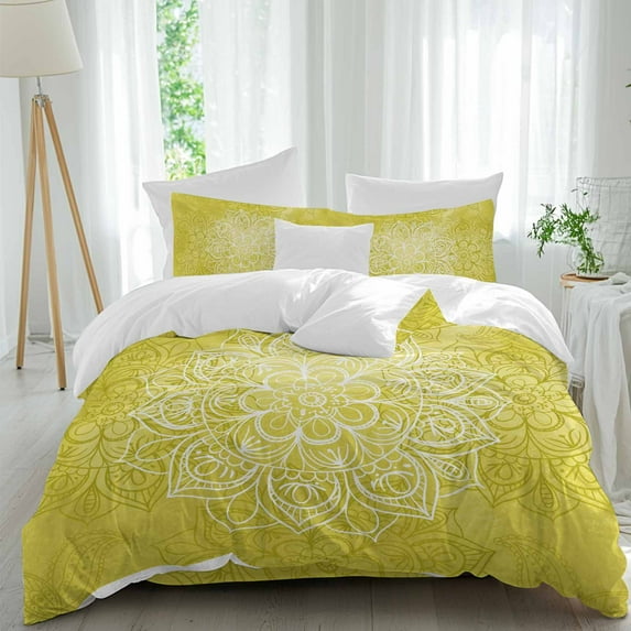Yellow Boho Flowers Duvet Cover Set Queen Size, Vintage Abstract Watercolor Yellow Bohemia Floral 4 Piece Soft Microfiber Bedding Set with 1 Duvet Cover, 1 Flat Sheet, 2 Pillowcases