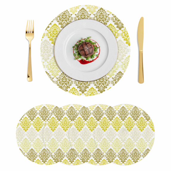 Yellow Boho Flowers Round 15 Inch Placemats Set of 4, Modern Luxurious Geometric Floral HeatResistant Non Slip Place Mats for Dining Table, Wipeable Braided Kitchen Table Mats for Housewarming