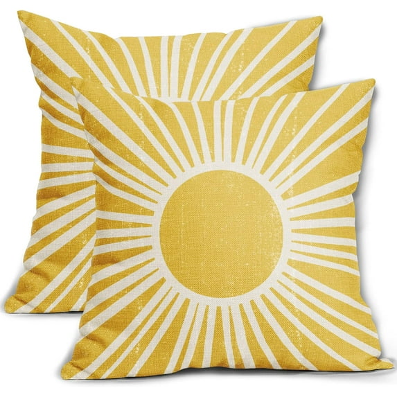 Yellow Boho Pillow Covers 18x18 Set of 2 Bohemian Style Retro Abstract Sun Outdoor Throw Pillows Farmhouse Decorative Pillowcase Linen Square Cushion Cover for Home Couch Sofa Bed