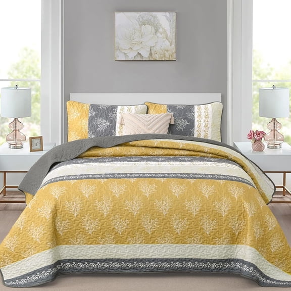 Yellow Boho Quilt Set King Size, Striped Floral Yellow and Grey Bedspread Coverlet, 3 Pieces Patchwork Stripe Quilt Bedding Set Soft Microfiber Reversible Bedspread for All Season (110"x90")