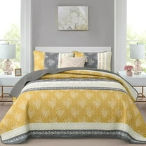 Yellow Boho Quilt Set King Size, Striped Floral Yellow and Grey Bedspread Coverlet, 3 Pieces Patchwork Stripe Quilt Bedding Set Soft Microfiber Reversible Bedspread for All Season (110"x90")