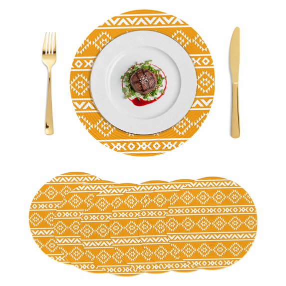 Yellow Boho Round 15 Inch Placemats Set of 6, Abstract Geometric Bohemia Ethnic Striped HeatResistant Non Slip Place Mats for Dining Table, Wipeable Braided Kitchen Table Mats for Housewarming