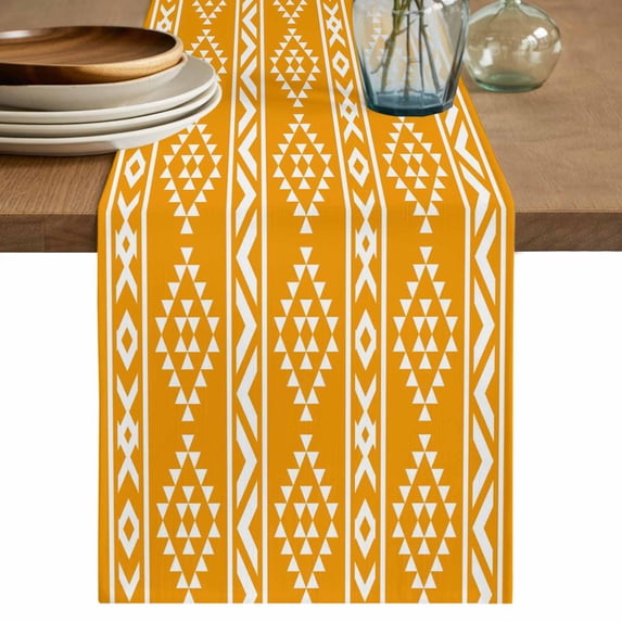Yellow Boho Table Runner 90 Inches, Abstract Geometric Bohemia Ethnic Striped Bed Runner Dresser Scarves Tabletop for Indoor Outdoor Parties/Ceremony/Banquet, 13" x 90"