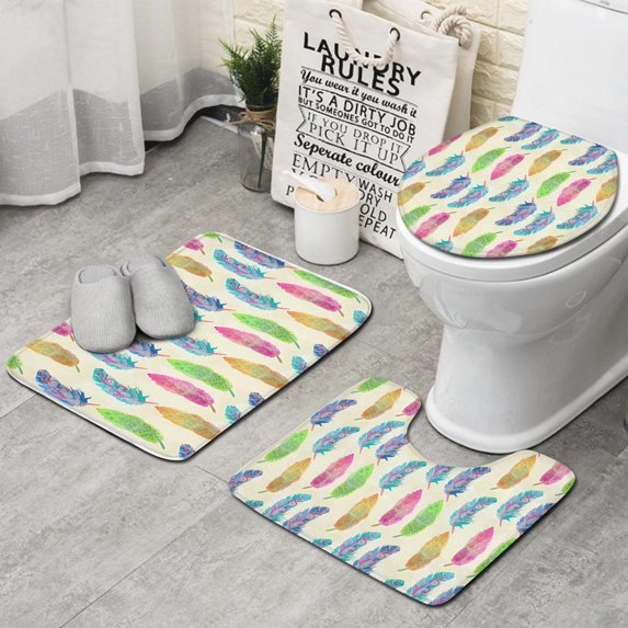 Yellow Boho Tribal Feathers Pattern Bathroom Rugs Sets 3 Piece,Toilet Cover Set,Absorbent Non Slip Bathroom Mats Sets with U-Shaped Contour Rug Toilet Rug Set
