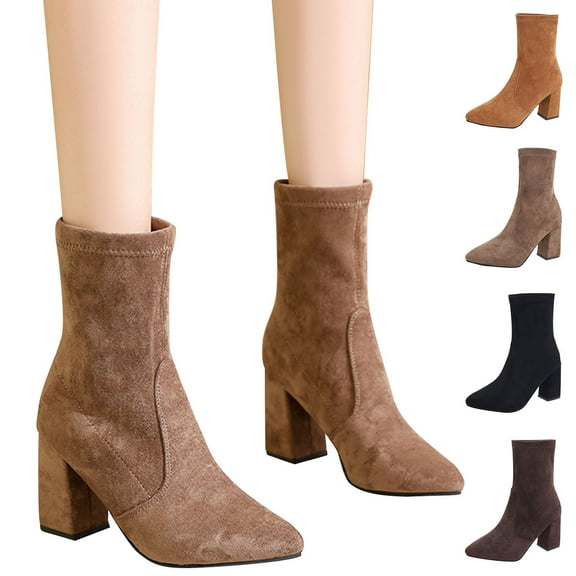 Yellow Boots TKYCMSUAKI Womens Ankle Boots Pointed Toe Chunky Stacked Mid Heeled Faux Suede Leather Booties Fashion Retro Classic Pull On Short Boot for Girls Ladies Fall Winter