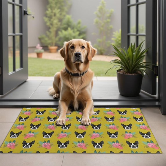 Yellow Boston Terrier and Flower Door Rugs,Washable Non Slip Door Mats Indoor,Decorative Door Mats,Entry Mat Indoor for Entrance,Bedroom,Kitchen,Bathroom,20"x32"