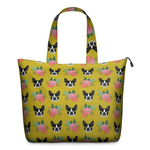 Yellow Boston Terrier and Flower Travel Tote Bags for Women Carry On,Large Weekender Bags for Women Travel,Multi Functional Duffle Bag for Work,Shopping,Sports