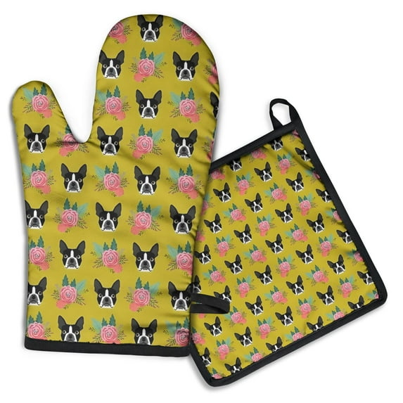 Yellow Boston Terrier and Flower Kitchen Oven Mitt and Pot Holder Sets 2 Pcs for Baking, Cooking and Grilling, Heat Resistant Up To 392 °F