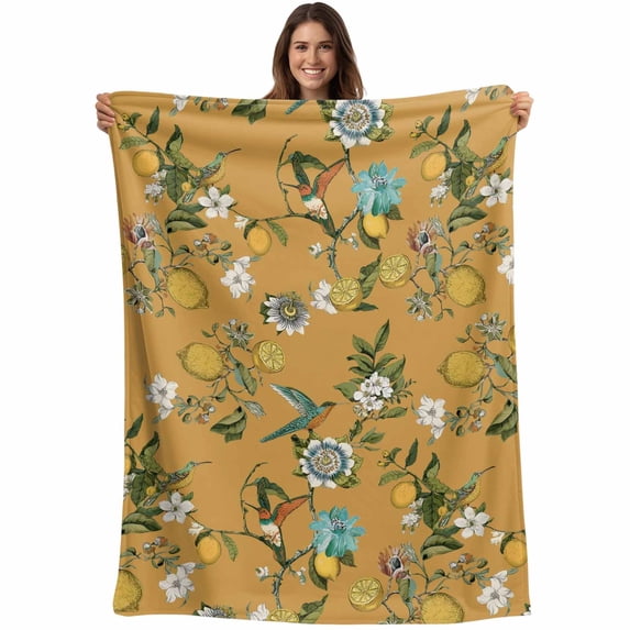 Yellow Botanical Blanket Soft Cozy Warm Throw Blanket for Couch, Plush Fuzzy Flannel Fleece Blankets for Sofa, Spring Floral Summer Lemon Birds Bed Blankets Lightweight Gifts for Women, 32"x48"