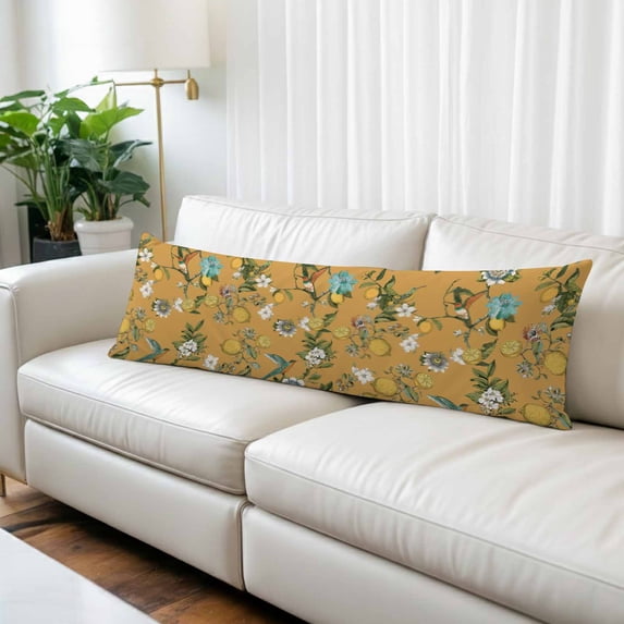 Yellow Botanical Body Pillow Covers 20"x60", Spring Floral Summer Lemon Birds Soft Brushed Microfiber Breathable Throw Pillow Covers, Pillowcase with Zipper for Couch Sofa Bedroom Living Room