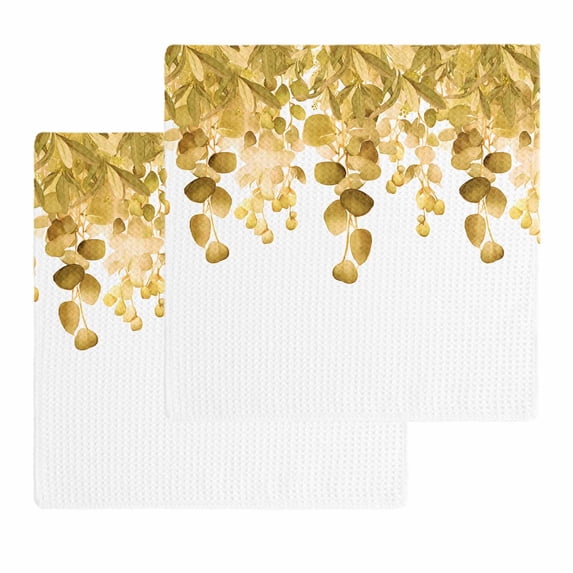 Yellow Botanical Dish Towels Set, Waffle Weave Kitchen Towels 2 Pieces, Watercolor Spring Eucalyptus Leaves Microfiber Hair Face Bath Tea Towel Absorbent Quick Drying Cleaning Dish Cloths, 12"x12"