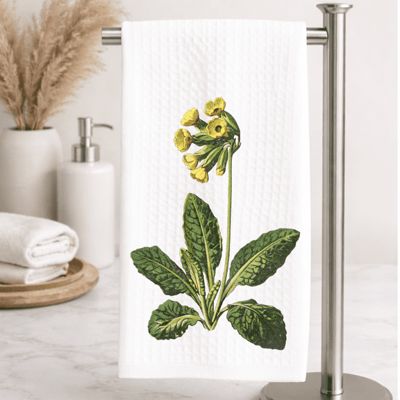 Versatility Yellow Botanical Floral Kitchen Towel, Waffle Weave 16x24, Vintage Cottage Decor