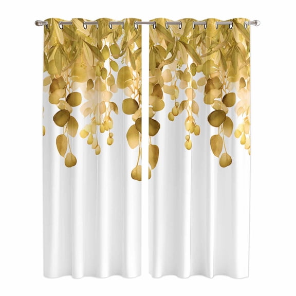 Yellow Botanical Kitchen Curtains 84 Inch Length, Watercolor Spring Eucalyptus Leaves Grommet Top Bedroom Living Room Curtains, Light Filtering Cafe Curtain Drapes 2 Panels Set 84''x84''