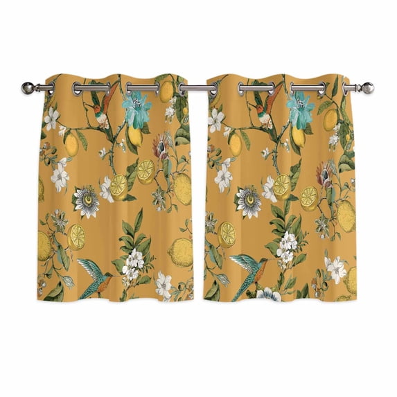 Yellow Botanical Kitchen Curtains Window Panels, Spring Floral Summer Lemon Birds Insulated Window Treatment Curtain, Grommet Curtains for Bedroom/Living Room/Bathroom, 2 Piece 52"Wx45"L