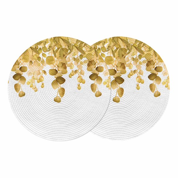 Yellow Botanical Round 15 Inch Placemats Set of 2, Watercolor Spring Eucalyptus Leaves HeatResistant Non Slip Place Mats for Dining Table, Wipeable Braided Kitchen Table Mats for Housewarming