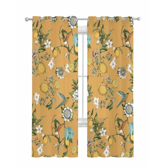 Yellow Botanical Sheer Curtains 84 Inch Length 2 Panels Set for Living Room/Bedroom, Spring Floral Summer Lemon Birds Kitchen Curtains Grommet Semi-Sheer Curtains Drapes Window Treatments 52"x84"x2