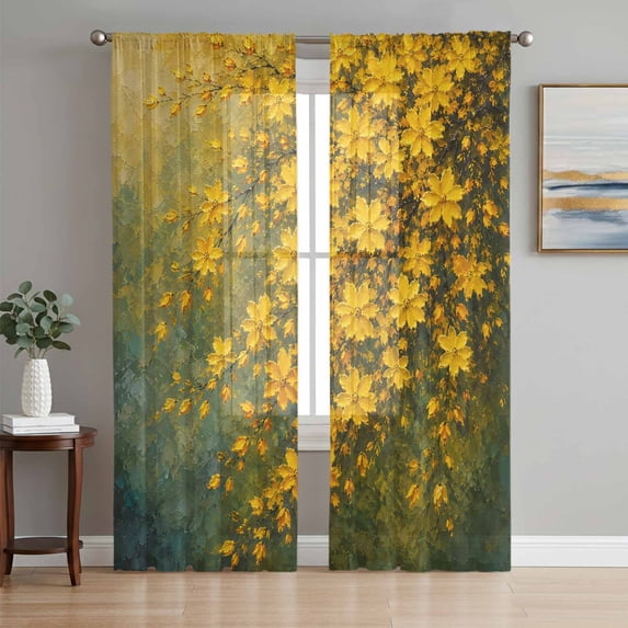 Yellow Botanical Sheer Curtains 96 Inch Length 2 Panels Set, Wildflowers Vintage Floral Fallen Leaves Voile Window Treatment Semi Sheer Long Curtains Drapes for Bedroom/Living Room/Kitchen 52"x96"x2