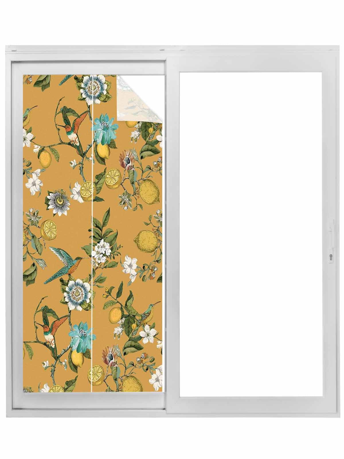 Yellow Botanical Window Privacy Film, Spring Floral Summer Lemon Birds ...