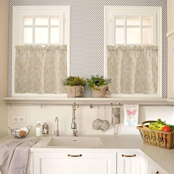Yellow Botanical Window Tier Curtains 36 Inch Length, Rustic Vintage Floral Leaves Rod Pocket Kitchen Window Treatments Drapes for Bedroom, Cafe, Living Room, 2 Panels, 27.5 W x 36 L