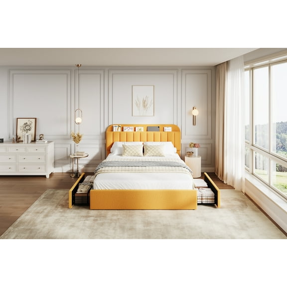Yellow Boucle Upholstered Full Platform Bed Frame with Bookcase Storage Headboard, 2 Drawers, Noise-Free, Easy Assembly, No Box Spring Needed, Modern Bedroom Furniture - Yellow, Full