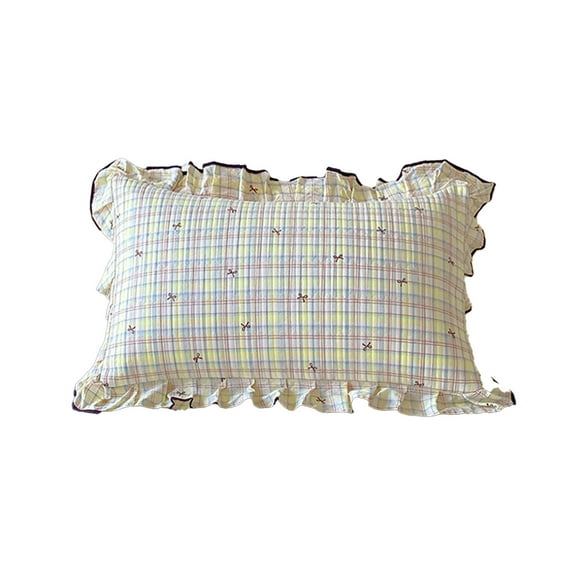 Yellow Bow Print Pillowcase Ruffle Edge Standard Pillow Case Cloud Feel Double Layer Cottons Yarn Pillow Cover for Bed Home Decorative Bedding Pillow Casing Cushion Cover