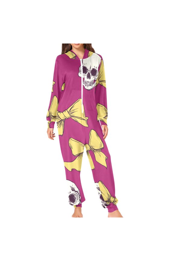Yellow Bows and Skulls Adult's Hoodie Onesie Jumpsuit One-Piece Pajamas with Zipper Unisex for Holiday M