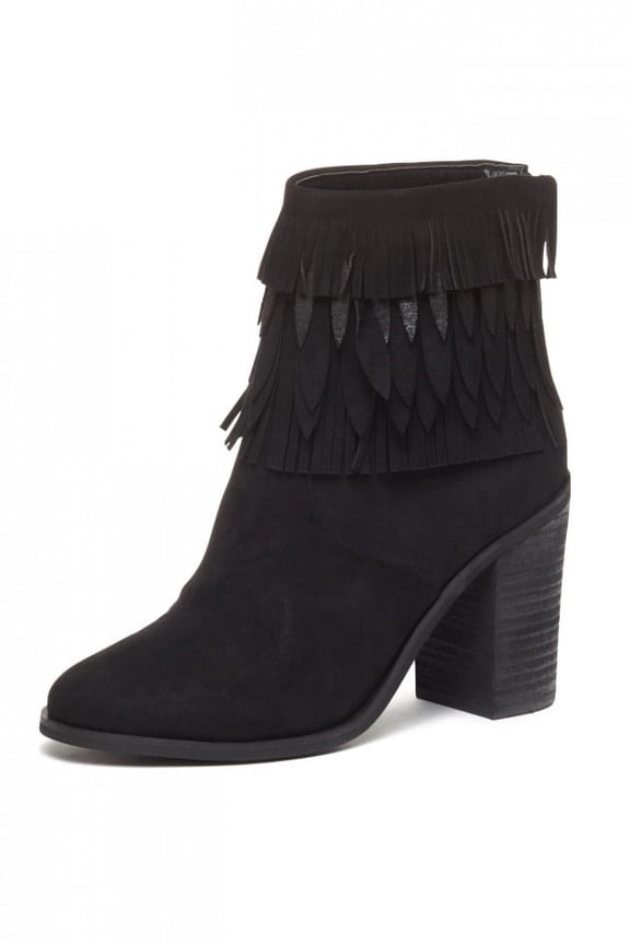 Black Genuine Suede Chunky Heel Fringe Round Toe Ankle Booties (Black, 6.5)