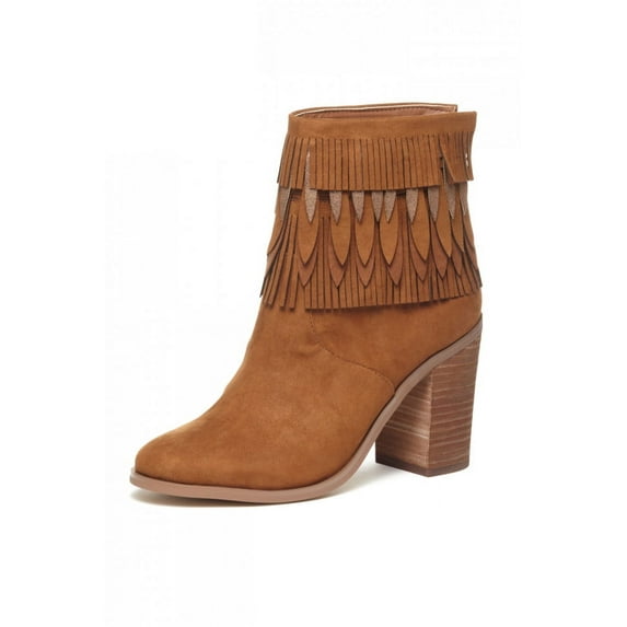 Yellow Box Sunny Chestnut Boho Chik Layered Fringe Stacked Heel Ankle Bootie