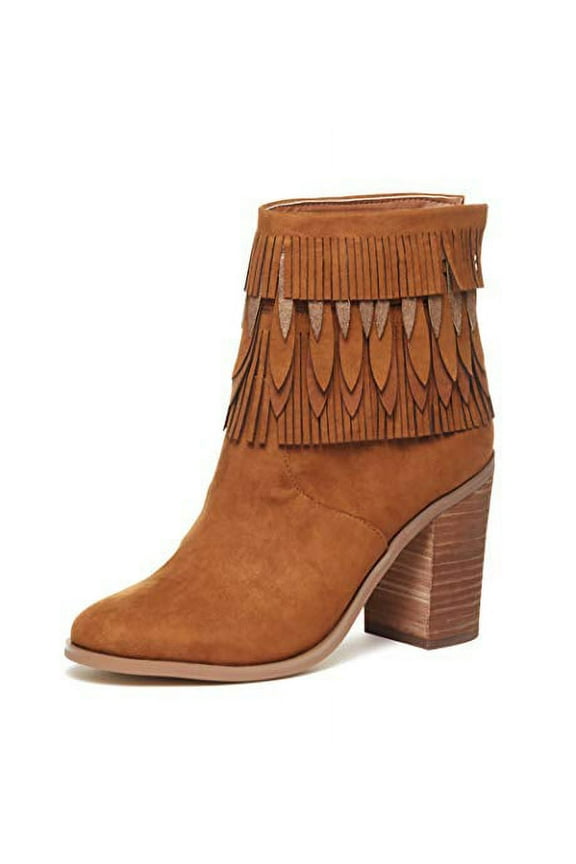 Sunny Chestnut Boho Chik Layered Fringe Stacked Heel Ankle Booties (Chestnut, 8.5)