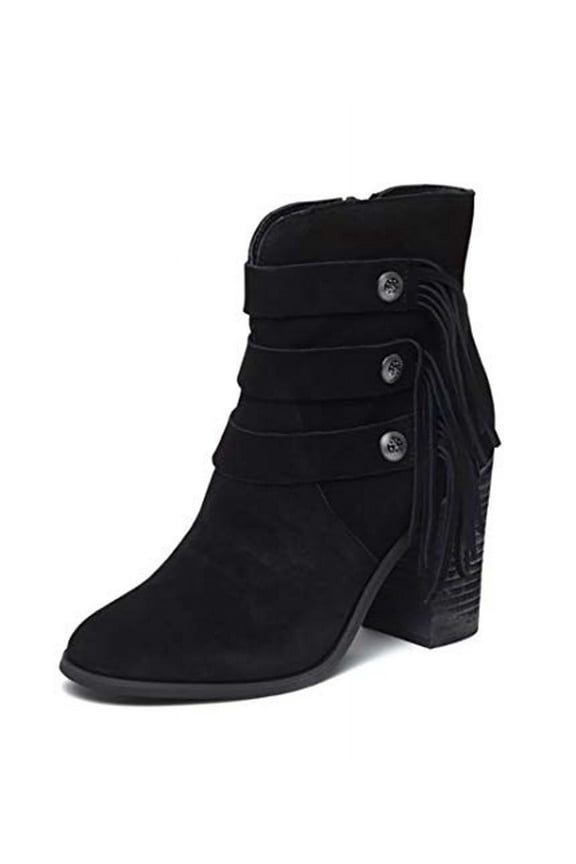 Upon Black Suede Stacked Heel Trendy Embellished Detailing Fringe Ankle Boot (10)