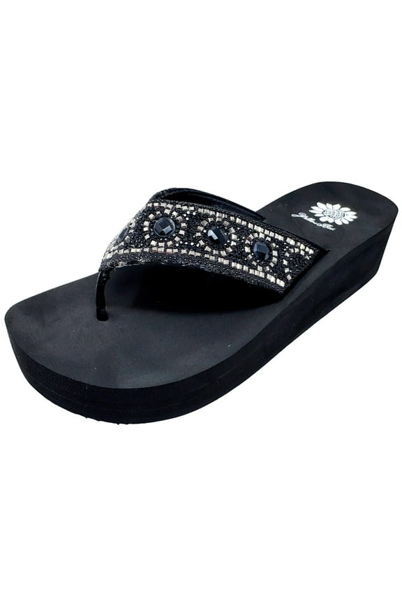 Women's Bertila Wedge Sandal, Round Toe, 2.5 Inch Heel, 1 Inch Platform, Comfortable Flip-Flop Black, 7.5