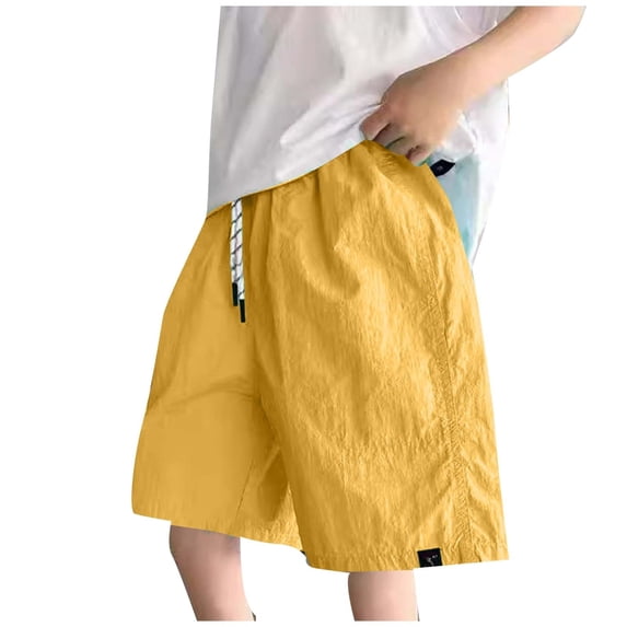Yellow Boys Active Athletic Shorts 5-15 Years, Nylon Spandex Quick Dry Moisture Wicking Relaxed Fit with Adjustable Drawstring & Side Pockets,Size 14-15 T