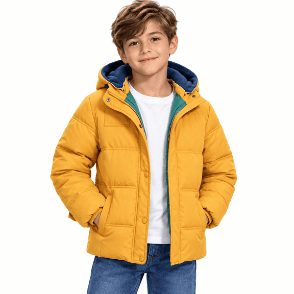 Yellow Boys Detachable Hood Padded Jacket with Snap Storm Flap and Pockets Size 9-10 Years, Kids Winter Warm Coat for School and Everyday Outerwear Clothes