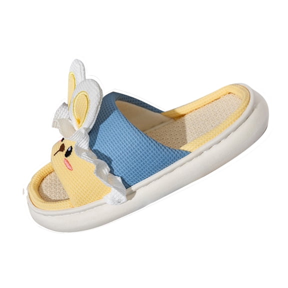 Yellow Breathable Linen Shoes For Women With Thick Sole Cartoon Rabbit Pattern Non-Slip And Comfortable For Home And Outdoor