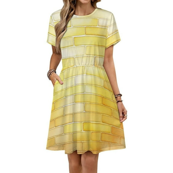 Yellow Brick Stone Wall Dress Summer Street Style Dresses Female Short Sleeve Printed Sundress