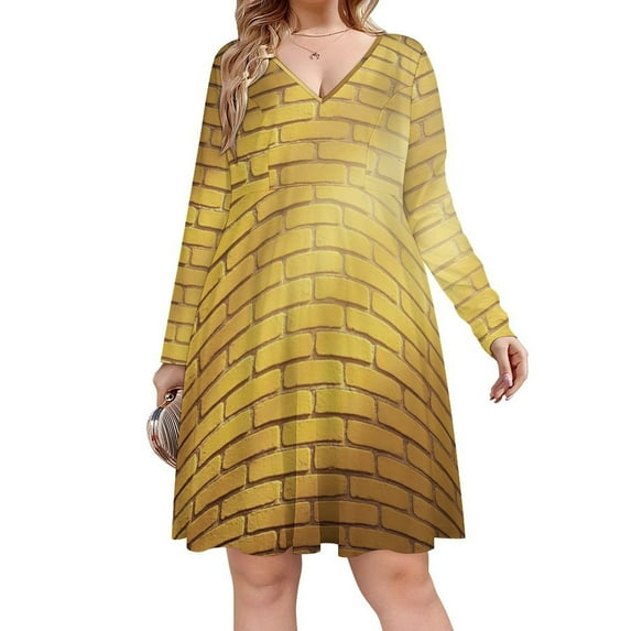 Yellow Brick Stone Wall Sunlight Long Sleeve Dresses For Women Vintage Elegant Party Dress Oversized V-neck Dress S-8XL