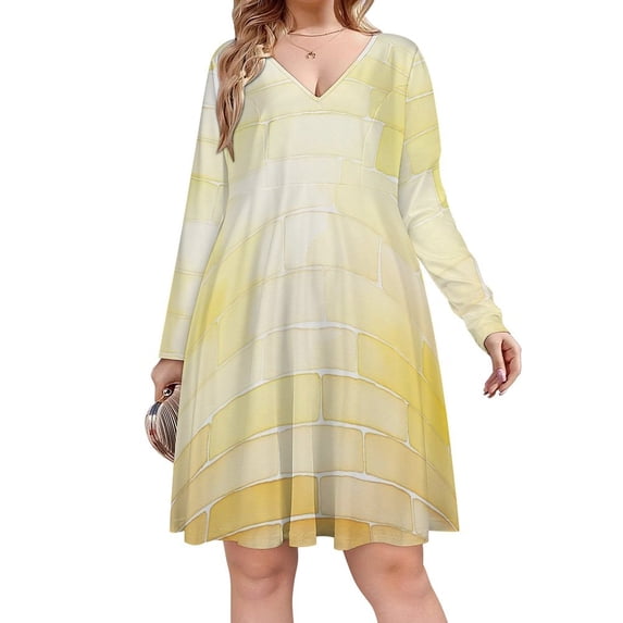 Yellow Brick Wall, Brick Stone Wall Long Sleeve Dresses For Women Vintage Elegant Party Dress Oversized V-neck Dress S-8XL