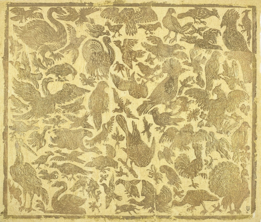 Yellow Brocade Paper Decorated With Gold Birds Canvas Art - (24 x 18)