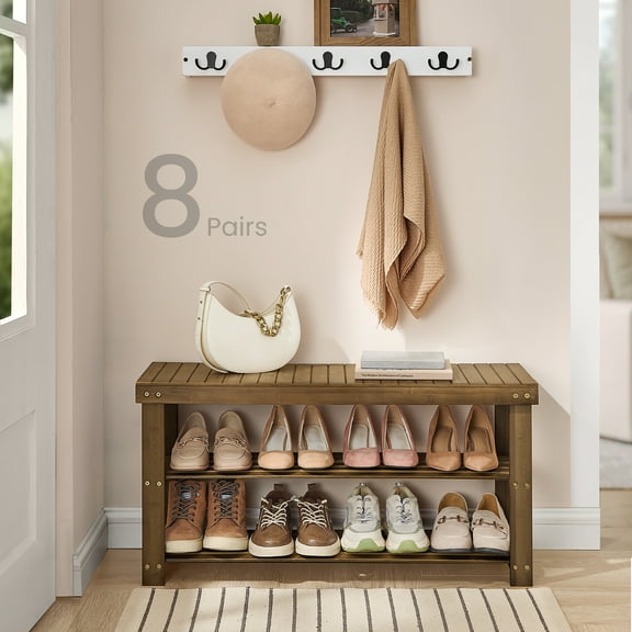 Yellow Brown 3 - Tier Bamboo Shoe Rack Bench - Entryway Bench. Holds 286 lb, 11.3 x 35.4 x 17.8 Inches, Great for Entryway, Bathroom，Bedroom Storage