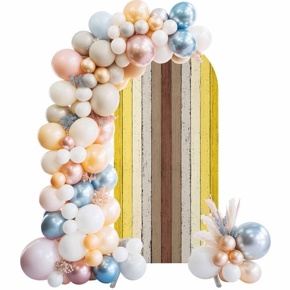 Yellow Brown Arch Backdrop Cover, Spandex Fitted Wedding Arch Cover, Farmhouse Wood Grain Vintage Striped Round Top Stand Covers for Birthday Ceremony Bridal Shower Party Decor 6x2.6 Ft