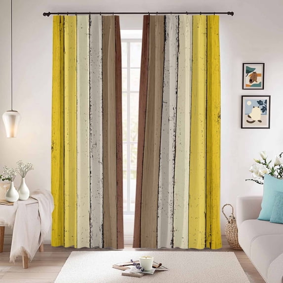 Yellow Brown Blackout Curtains for Bedroom/Living Room, Pinch Pleated Black Out Curtains, Farmhouse Wood Grain Vintage Striped Room Darkening Window Drapes with Hooks 2 Panels, 59"x70"