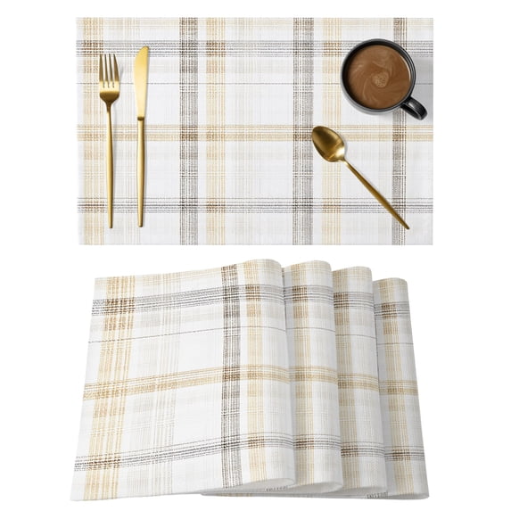 Yellow Brown Check Placemats Set of 8 Farmhouse Line Buffalo Plaid Place Mats Indoor Wipeable Table Mats Washable Cloth Dining Table Placemats for Kitchen Holiday Party Home Decor 13x19 Inch