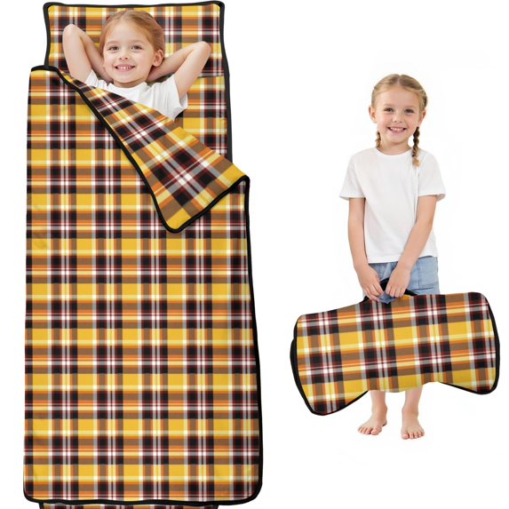 Yellow Brown Checkerboard Yellow Pattern Toddler Nap Mat for Kid Preschool Daycare, Kid Sleeping Mat Bag, Toddler Sleeping Bag with Pillow