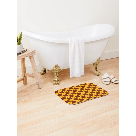 Yellow Brown Checkered Smiley Face Doormat, Non-Slip Floor Mat for Entryway & Indoor Use