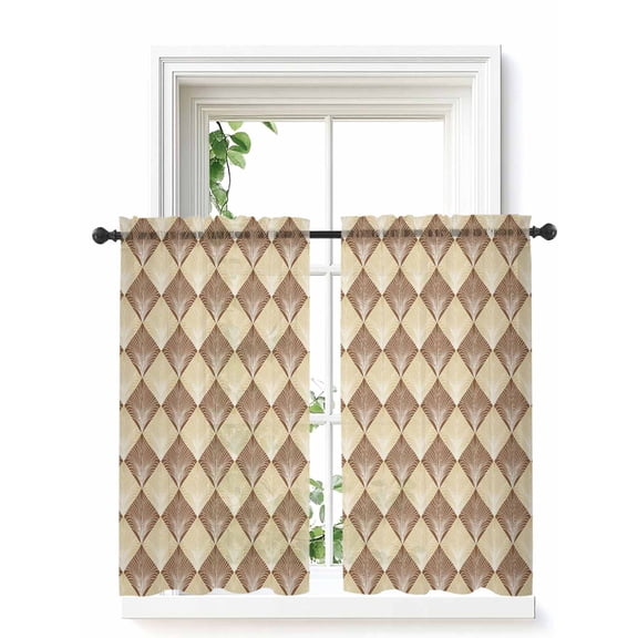 Yellow Brown Curtains 45 Inch Length, Sheer Curtains for Bedroom Living Room Window Modern Contemporary Floral Art Vintage Rod Pocket Voile Drapes Kitchen Curtains Small Half Window 42"x45" 2 Panels