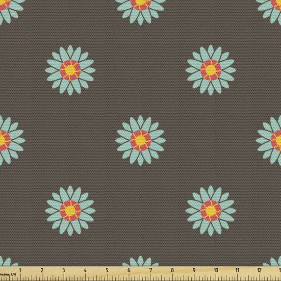 Ambesonne Yellow Brown Fabric by the Yard Upholstery, Simple Retro Flowers, 2 Yards, Cocoa Seafoam