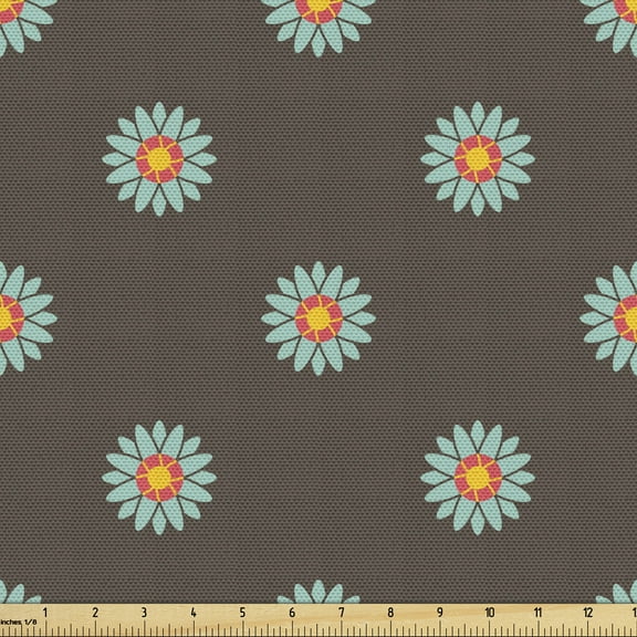 Ambesonne Yellow Brown Fabric by the Yard Upholstery, Simple Retro Flowers, 3 Yards, Cocoa Seafoam